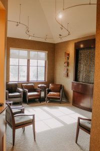 Waiting area with leather armchairs, large window, track lighting, and stone accent wall with reception counter